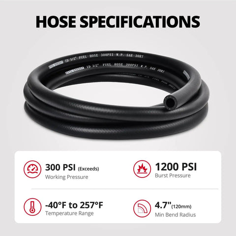 Coiled One Half Inch NBR Fuel Hose With Push Lock Fittings SAE 30R7 Ten Foot Length 300 PSI Working Pressure 1200 PSI Burst