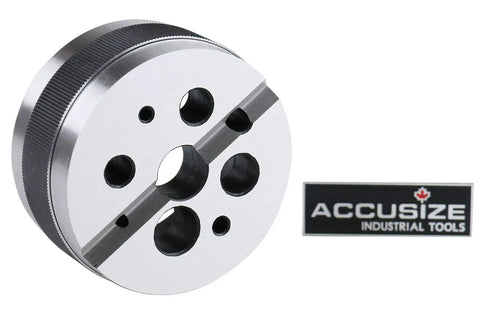 Machinist Bench Block 3 Inch Diameter 1.5 Inch Height Hardened Ground Steel With 1/8 to 5/8 Inch Holes Knurled Edge For Secure Grip V Groove Across Face For Round Stock Pin Driving And Drilling, front view