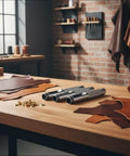 Pro Grade Heavy Duty Steel Leather Hole Punch Set on a workbench with leather and grommets, three-piece grommet punch kit for DIY projects.