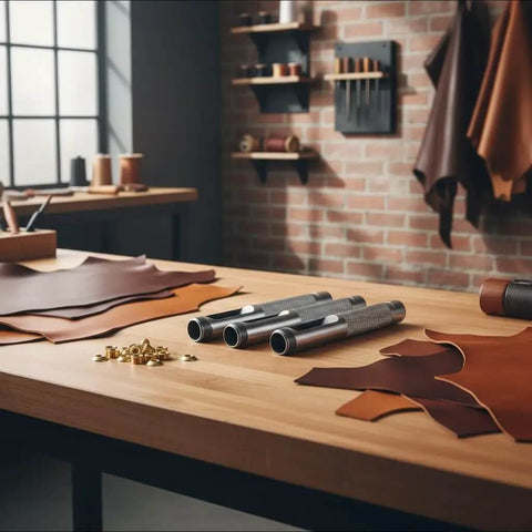 Pro Grade Heavy Duty Steel Leather Hole Punch Set on a workbench with leather and grommets, three-piece grommet punch kit for DIY projects.