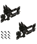 Stainless Steel Self-Closing Gate Hinge Set Long Leg With Horizontal Adjustable Tension Enclosed Spring Tight Hinge Tolerance For Vinyl PVC Fences Pair Of Black Gate Hinges For 2-Side Attachment, showing black hinges with screws included.