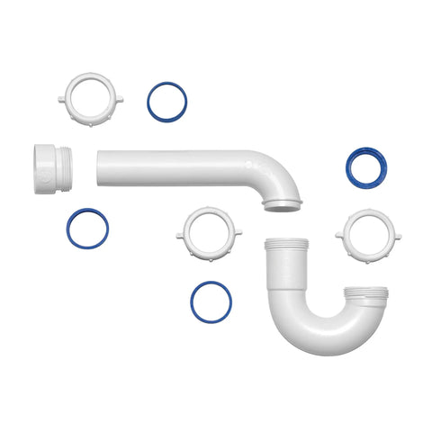 1-1/2 Inch PVC P-Trap With Threaded Adapter And Reversible J-Bend Bagged With True Blue Washer for sinks, white polypropylene parts