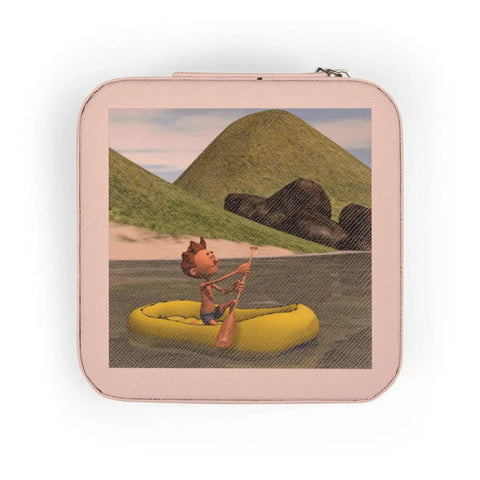 Pink Cartoon Man On Ocean Rowing Inflatable Raft Jewelry Travel Case with landscape design on top, 4x4x2 in size