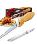 Prikoi Electric Carving Knife For Meat Slicing, Dual Stainless Blades, Easy Grip Handle, with roasted chicken and potatoes.