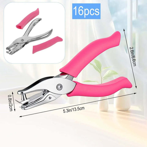 16 Pack Handheld Hole Punchers With Soft Grip 1 Quarter Inch Circle Punch for craft paper shown with ergonomic design in pink.
