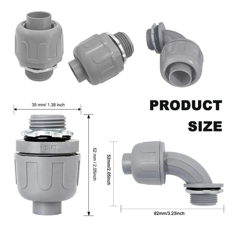 Top Shelf Rock Solid 1/2 Inch Liquid Tight Connectors For Flexible Pvc Conduit Fittings 30 Pack Includes Straight And 90 Degree Elbows with dimensions.