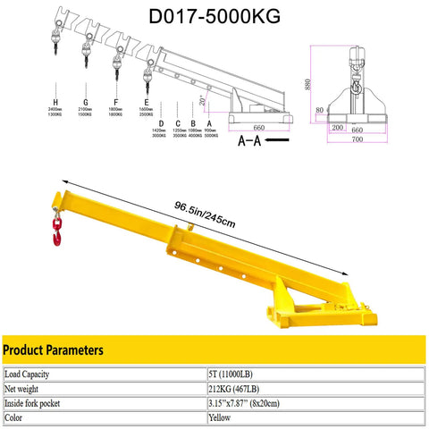 Heavy Duty Adjustable Mobile Crane Telescopic Boom With 11000 Lb Forklift Rig And Truss Jib Lifting Hoist, 96.5in yellow steel arm with hook.