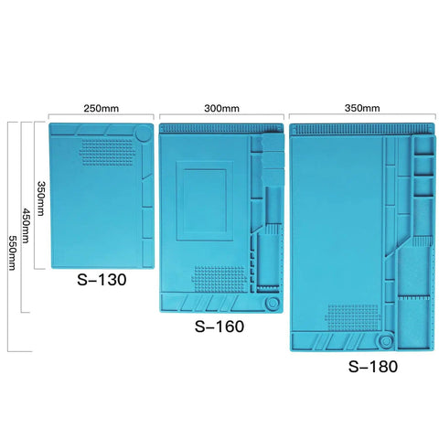 Three sizes of blue heat resistant soldering mats with compartments, screw positions, and antistatic surfaces for electronics work.
