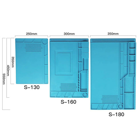 Three sizes of Pro Grade Silicone Soldering Repair Mat For Electronics And DIY Projects, Heat Resistant Work Surface Up To 932 F, 13.7 By 9.8 Inches Blue, Features 124 Screw Spots And 8 IC Notches To Keep Tiny Parts Organized On Your Busy Bench in blue with measurements.