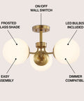 Brass Gold 3-Light Dope Mid Century Modern Semi Flush Mount Light With Frosted White Glass Globe Shade, LED Ceiling Fixture With Labels