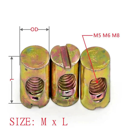 Heavy Duty Furniture Barrel Nuts And Cross Dowel Pins Kit, Slotted Iron Dowel Pins M5 M6 M8 close-up, showing thread details