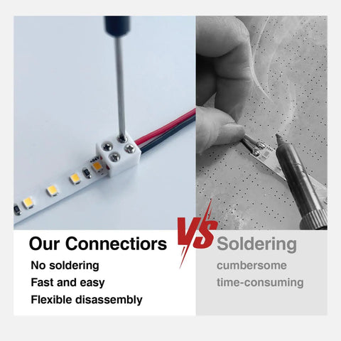 Comparison of Two Pin 8mm LED Strip Connector With 32.8Ft Wire and traditional soldering method for LED tape lights.