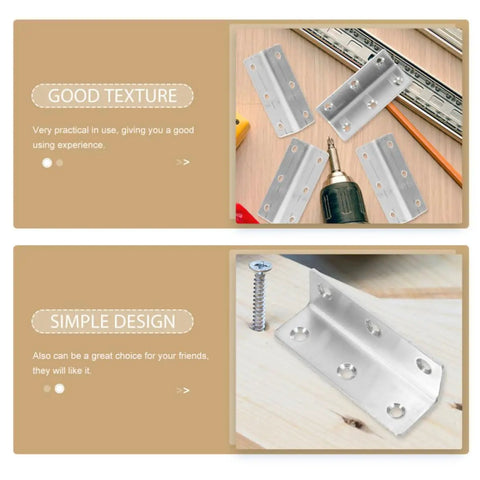 8 Pack Stainless Steel L Shaped Corner Brackets For 90 Degree Furniture And Cabinet Support with tools and screws on wood surface.