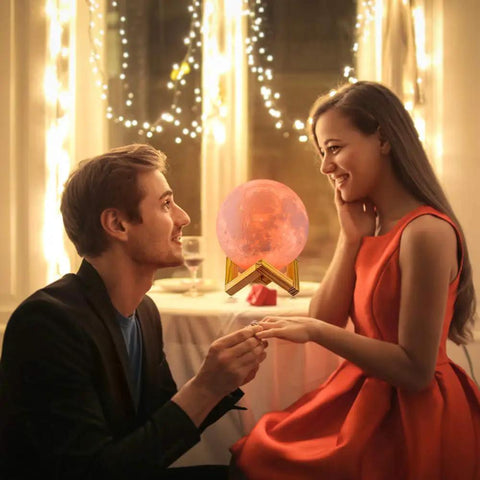 Couple with Moon Glow 5.9 Inch Moon Lamp With 16 Colors Dimmable And Rechargeable Lunar Night Light Full Set With Wooden Stand Remote And Touch Control Cool Nursery Decor For Baby Kids Bedroom And Birthday Gifts