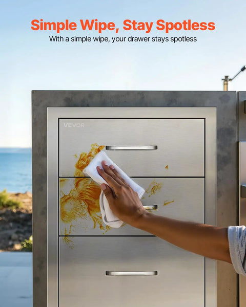 Outdoor Kitchen Drawers Stainless Steel Triple-Access Modular Cabinet with a hand wiping stains, 18.11Wx23.23Dx23.23H, weather ready.