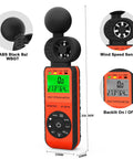 Handheld Heat Stress Meter And Anemometer With WBGT, Wind Speed 0 To 30 MPS, displaying ABS black globe sensor and backlit screen