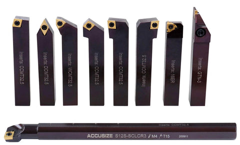 Front view of Accusize 9-piece 3/4 in shank indexable turning and boring tool set with TiN-coated C6 inserts for steel