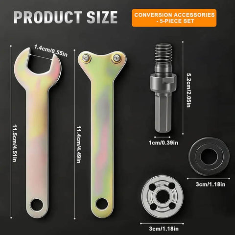 Image shows the Heavy Duty Electric Drill Angle Grinder Connecting Rod Set With Metal Adapter And Wrench Adjustable Rotary Driver Shaft.