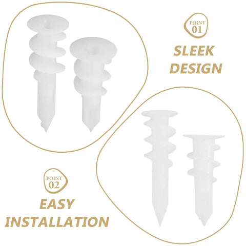 Two white self-drilling anchors labeled 'Sleek Design' from 300 Pack White Drywall Anchors Kit DIY Ready Self Drilling Heavy Duty Wall Hangers.