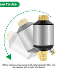 Water Separator Filter For Air Lines 1/4 Inch NPT Inlet And Outlet with Easy-To-Use Release Valve Shown at Various Angles