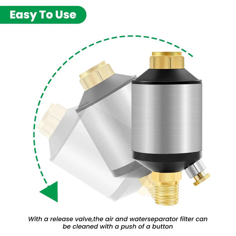 Water Separator Filter For Air Lines 1/4 Inch NPT Inlet And Outlet with Easy-To-Use Release Valve Shown at Various Angles