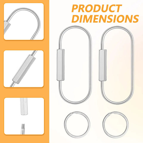 8 Pack Silver Brass Key Rings With Secure Screw Lock Carabiner Keychain Clips And O Rings Set, showing product dimensions.