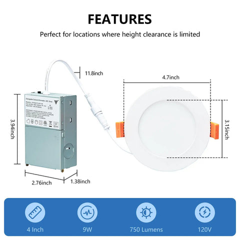 4 Inch LED Recessed Lighting Kit Canless Pot Wafer Lights Dimmable With 3000K 4000K 5000K Selectable Color Temperature 9W 120V IC Wet Rated ETL Six Pack