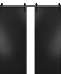 Double Barn Door Set 84x96 Inches With Hardware, Black Matte Finish, shown fully assembled with top mount 14Ft rail kit.