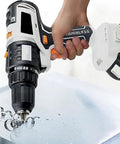 Top Shelf Brushless Cordless Power Tool Combo Kit Featuring Heavy Duty Impact Drill in use with shavings on metal surface.