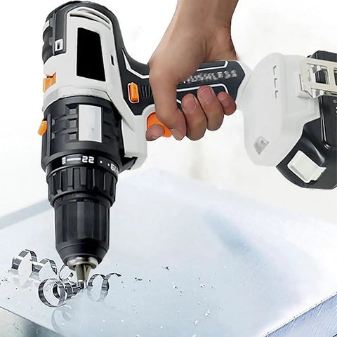 Top Shelf Brushless Cordless Power Tool Combo Kit Featuring Heavy Duty Impact Drill in use with shavings on metal surface.