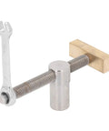 19mm Woodworking Desktop Clip With Stainless Steel Brass Bench Dog Clamp Fast Fixed Workbench Fixture Featuring Ratchet Wrenches And Bench Dogs For DIY Milling, Cutting, Grinding And Quick Secure Setup, shown with wrench and brass bench dog