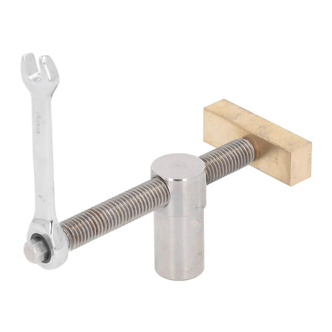 19mm Woodworking Desktop Clip With Stainless Steel Brass Bench Dog Clamp Fast Fixed Workbench Fixture Featuring Ratchet Wrenches And Bench Dogs For DIY Milling, Cutting, Grinding And Quick Secure Setup, shown with wrench and brass bench dog