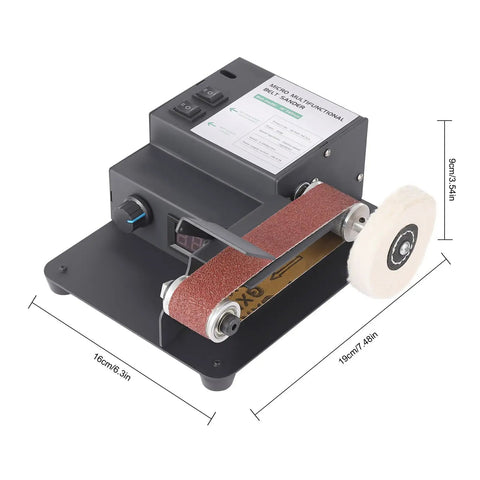 Heavy Duty Brushless Belt Sander With Hella Fine Tune Speed Dial For Sweeter Wood And Metal Grinding Projects Delivering Zero To Ten Thousand RPM Power Output Anywhere, showing variable speed controls and sanding belts.