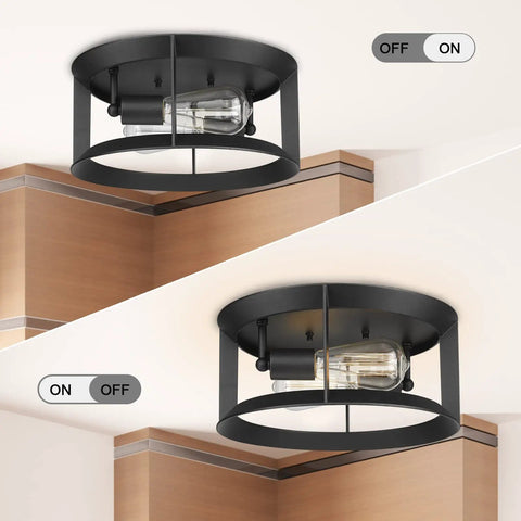 Dope Industrial Matte Black Flush Mount Ceiling Light Fixture With Two Lights E26 Sockets Close To Ceiling for indoor use