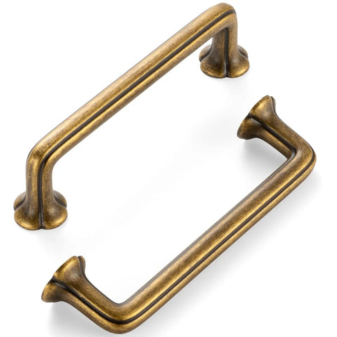 Antique Brass Cabinet Pulls 10 Pack With 3-3/4 Inch Hole Centers, Vintage Brass Handles for cabinets shown at an angle