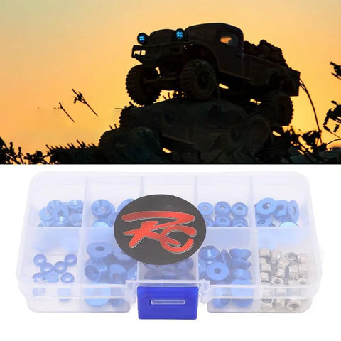 RC Car Hardware Fastener Kit With M2.5 M3 M4 Flat And Round Head Washers And Nuts, Assorted Screws And Washers In A Clear Storage Box, Great For 1/8 And 1/10 Scale RC Cars, Blue, clear box with blue anodized washers