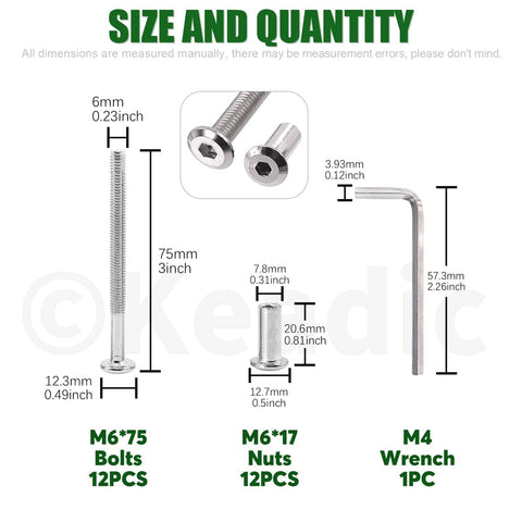 Diagram showing 25 Pc M6 X 75mm Socket Cap Bolts And Barrel Nuts Kit With Hex Wrench details, including size and quantity.