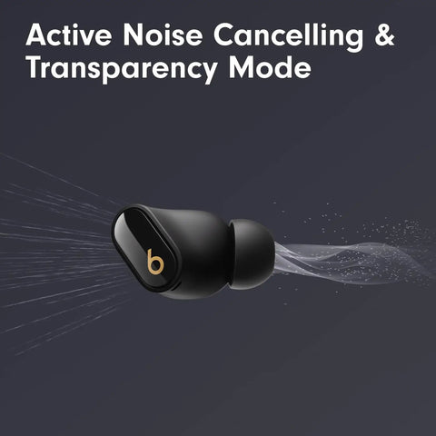 Studio Buds Plus True Wireless Earbuds With Active Noise Canceling And Transparency Mode in black gold with ANC effect illustration.
