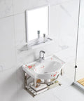 Top view of Sink Corner, Wall Hung Porcelain Ceramic Sink, Wall Mounted Bathroom Vessel Sink with Towel Rack,60x38x45cm showcasing floral design.