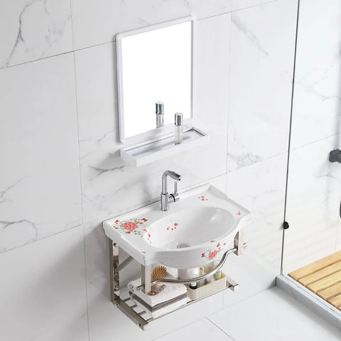 Top view of Sink Corner, Wall Hung Porcelain Ceramic Sink, Wall Mounted Bathroom Vessel Sink with Towel Rack,60x38x45cm showcasing floral design.