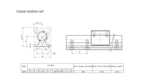 Technical drawing of Heavy Duty Linear Rail Kit With 2750mm Rails And 8 SBR50UU Blocks For CNC Router And 3D Printer 50mm Shaft Diameter