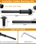 Black Sleek Hidden Cable Railing Hardware Kit For 2x2 Posts, 20 Pack, One Eighth Inch T316 Stainless Steel Invisible Receiver Swage Stud End For Wood Or Metal Deck Rails, includes allen wrench and swage stud measurements.
