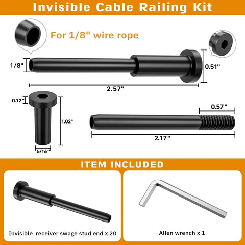 Black Sleek Hidden Cable Railing Hardware Kit For 2x2 Posts, 20 Pack, One Eighth Inch T316 Stainless Steel Invisible Receiver Swage Stud End For Wood Or Metal Deck Rails, includes allen wrench and swage stud measurements.