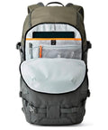Flipside Trek BP 450 AW Camera Backpack with open front pocket, grey and dark green design, shows interior storage and laptop sleeve.