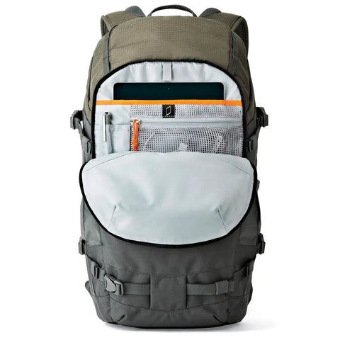 Flipside Trek BP 450 AW Camera Backpack with open front pocket, grey and dark green design, shows interior storage and laptop sleeve.