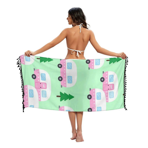 Woman wearing Pool Wrap Skirt Loose Fit Ultra Lightweight Polyester Beach Ready Cover Up For Summer, displaying camping print
