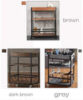 Three Tier Solid Pine and Steel Kitchen Cart with Built In Bottle Rack Industrial Vintage Rolling Utility Shelf in brown finish.
