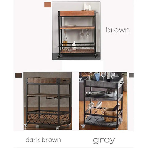 Three Tier Solid Pine and Steel Kitchen Cart with Built In Bottle Rack Industrial Vintage Rolling Utility Shelf in brown finish.