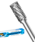 Close-up of cylindrical carbide burr with double-cut teeth and 1/4 in shank for die grinder