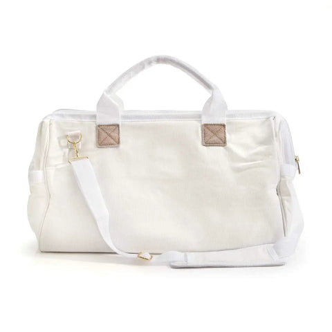 White 20 inch heavy duty canvas tool tote with rugged zipper and reinforced handles for painters, carpenters, builders.